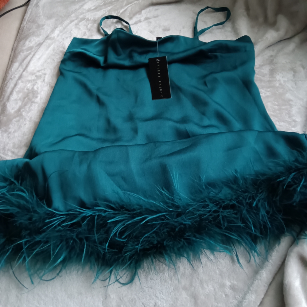 Teal Feather Trim Cami Top